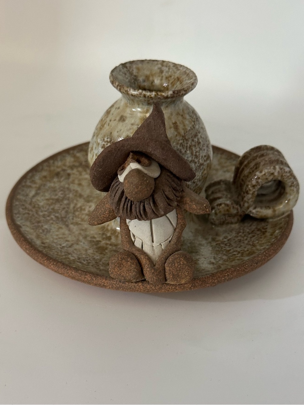 Handmade Ceramic Gnome Candle Holder - Brown and Cream